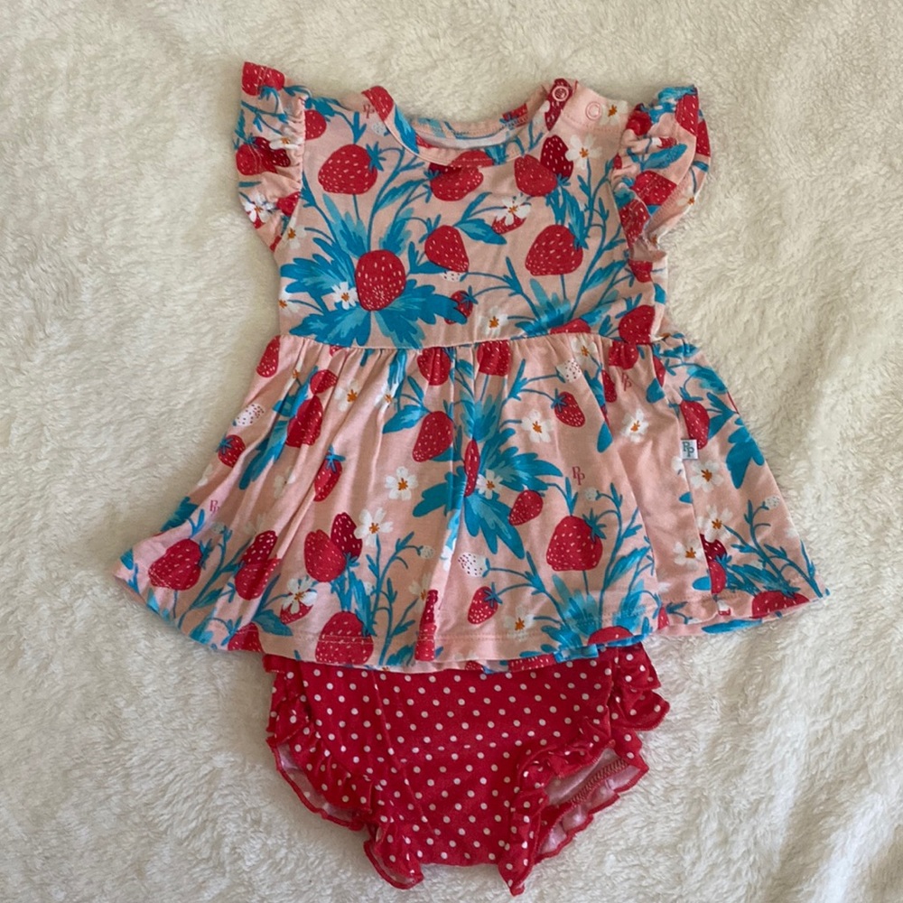 Posh Peanut Strawberry peplum ruffle bummie set - 6-12m